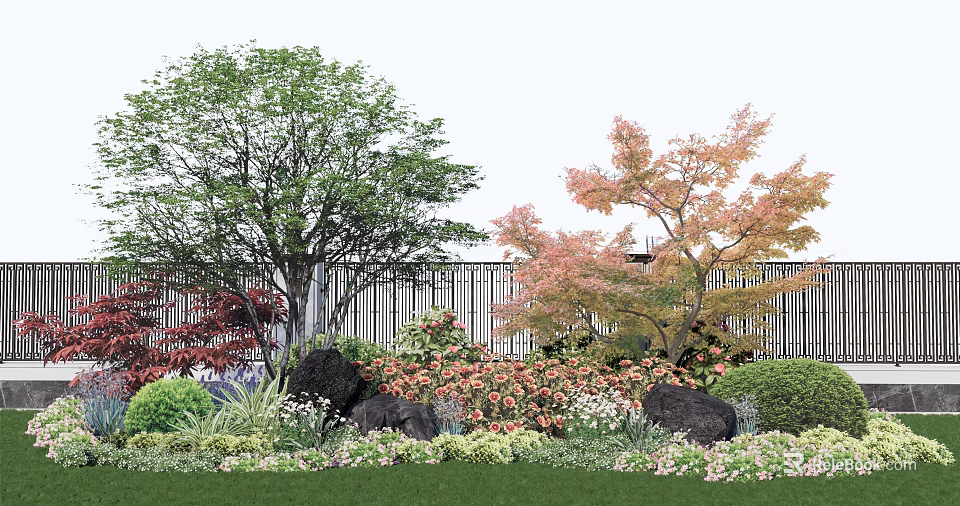 Vibrant Garden Shrubs With Colorful Trees Rocks And Green Grass Landscape 3d model 