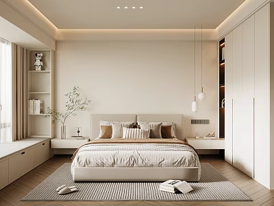 Modern Bedroom Interior Design With Large Bed Beige Bedding Pillows Wooden Floor And Hanging Lights 3d model