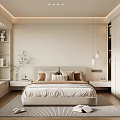 Modern Bedroom Interior Design With Large Bed Beige Bedding Pillows Wooden Floor And Hanging Lights