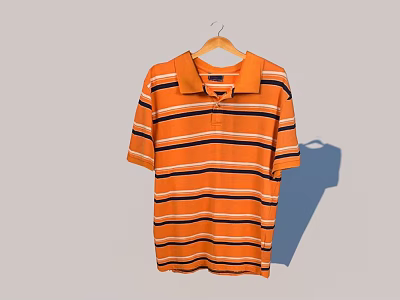 Orange Striped Short Sleeve Polo Shirt With Collar Hanging On Wooden Hanger Against Gray Background 3d model