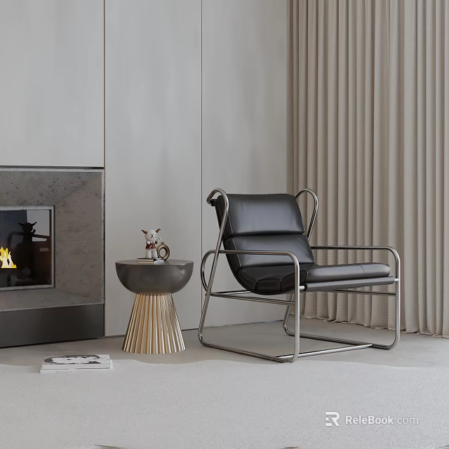Modern Leather Leisure Chair With Metal Frame Near Fireplace And Curtains In Living Room 3d model 