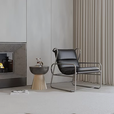 Modern Leather Leisure Chair With Metal Frame Near Fireplace And Curtains In Living Room 3d model