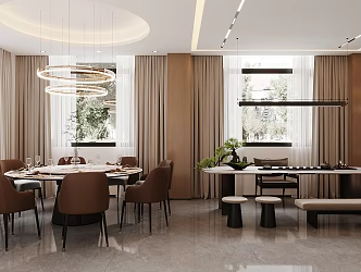 New Chinese Style Box Large Round Table Dining Table and Chair Combination Tea Table and Chair Combination Round Chandelier Long Chandelier Green Plant Potted Flower Art Restaurant Box Tea Room 3d model