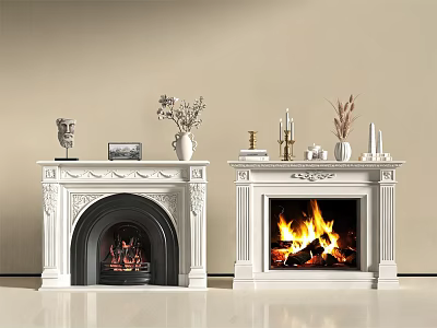 White Classic Ornate Fireplace With Decorative Items Vases Candle Holders And Burning Fire 3d model