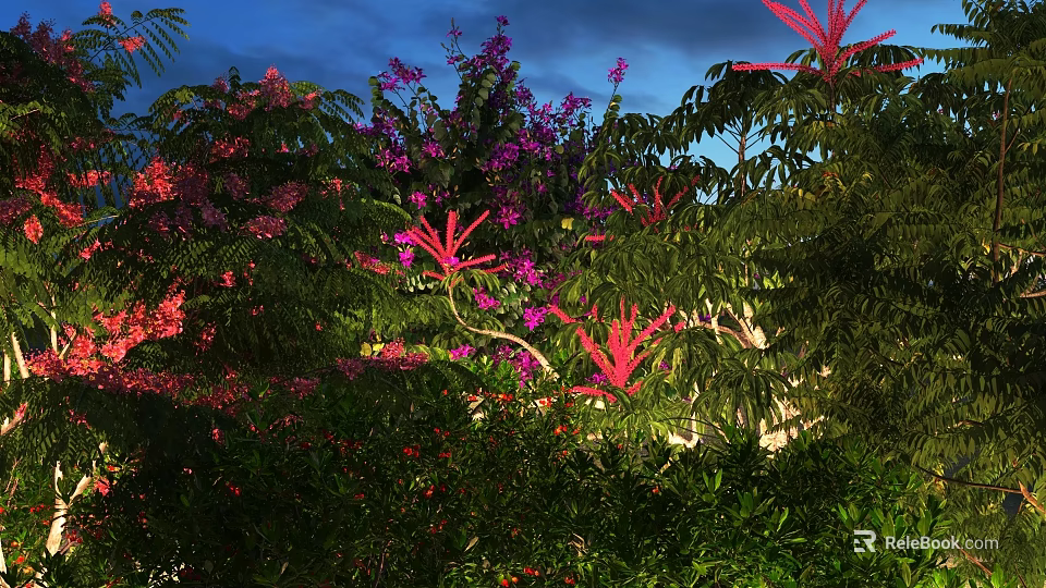 Arbor With Lush Green Foliage And Vibrant Purple Pink Blooms Under Evening Sky 3d model 
