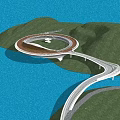 Waterfront Landscape Design With Circular Walkway Green Lawn Wooden Structure And White Architectural Elements