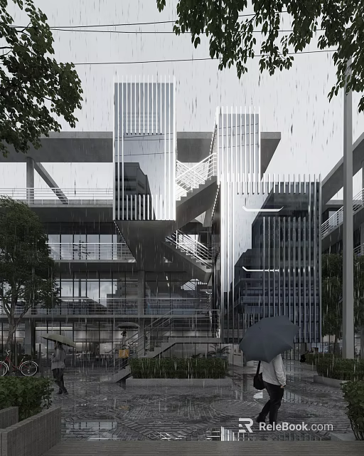 Modern Office Building With Glass Curtain Wall External Stairs And Metal Structure Design 3d model 