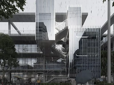 Modern Office Building With Glass Curtain Wall External Stairs And Metal Structure Design 3d model