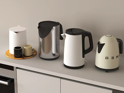 Modern Kitchen Countertop With Stylish Electric Kettles And Mugs On White Cabinets 3d model