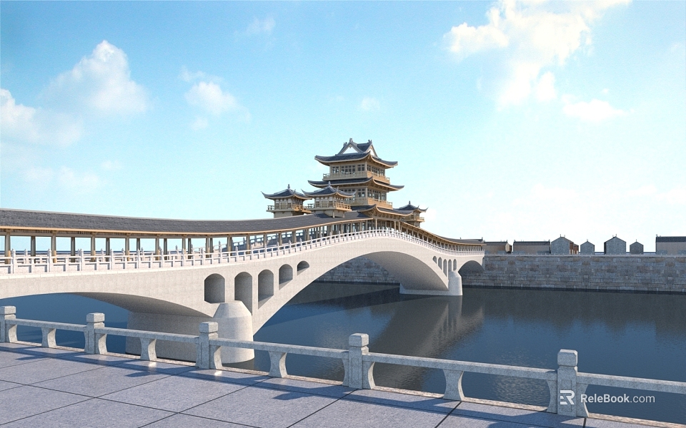 Traditional Arch Bridge With Ancient Towers Over Calm River And Railing Under Blue Sky 3d model 