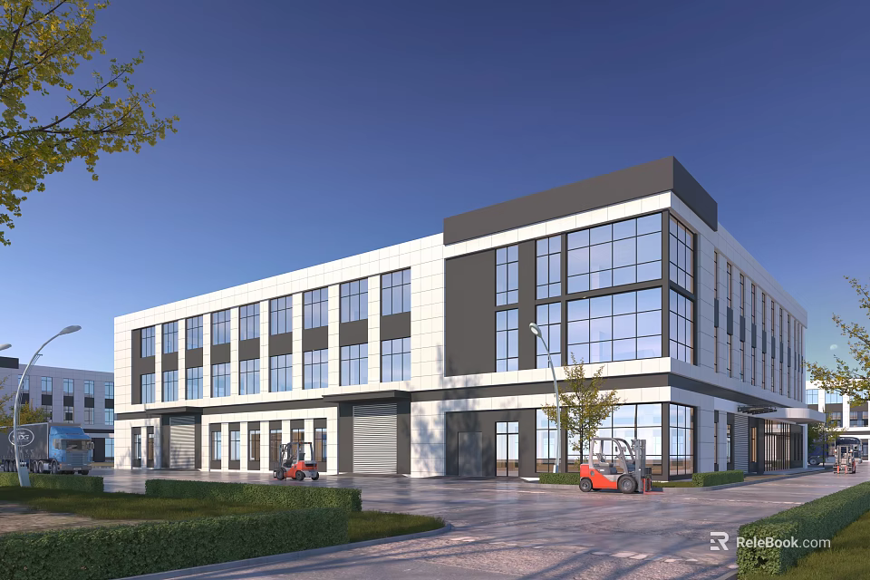 Modern Industrial Factory Building With Large Glass Facade White Gray Exterior Forklifts And Landscaped Surroundings 3d model 