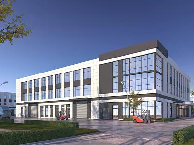 Modern Industrial Factory Building With Large Glass Facade White Gray Exterior Forklifts And Landscaped Surroundings 3d model