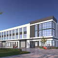 Modern Industrial Factory Building With Large Glass Facade White Gray Exterior Forklifts And Landscaped Surroundings