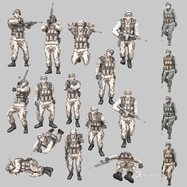 Game And Movie Soldier Characters In Military Uniforms With Various Weapon Holding Poses 3d model 