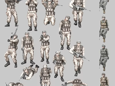Game And Movie Soldier Characters In Military Uniforms With Various Weapon Holding Poses 3d model
