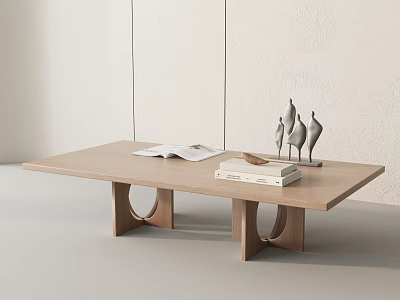 Modern Minimalist Wooden Coffee Table With Circular Legs Open Book Stacked Books And Decor Sculptures 3d model