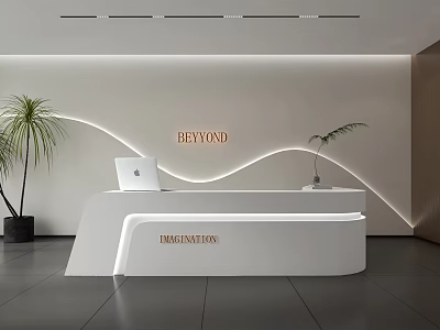 Modern Store Front Desk Interior with White Curved Lighting Design and Green Palm Plants 3d model