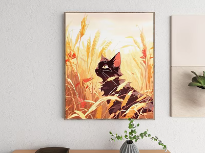 Abstract Painting With Black Cat In Wheat Field Wall Art 3d model