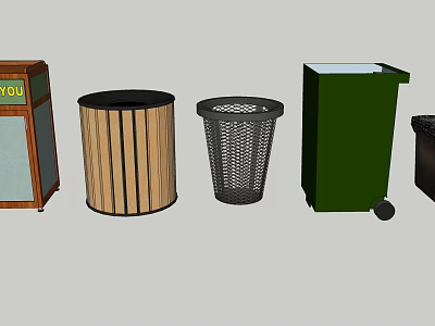 Public Trash Bins In Various Materials Like Wooden Metal And Green Wheeled Design 3d model