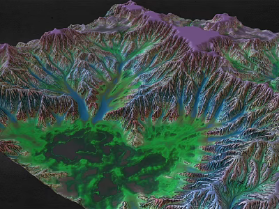 3D Terrain Model Showing Purple Mountain Peaks Valleys Rivers And Green Vegetation Areas 3d model