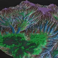 3D Terrain Model Showing Purple Mountain Peaks Valleys Rivers And Green Vegetation Areas