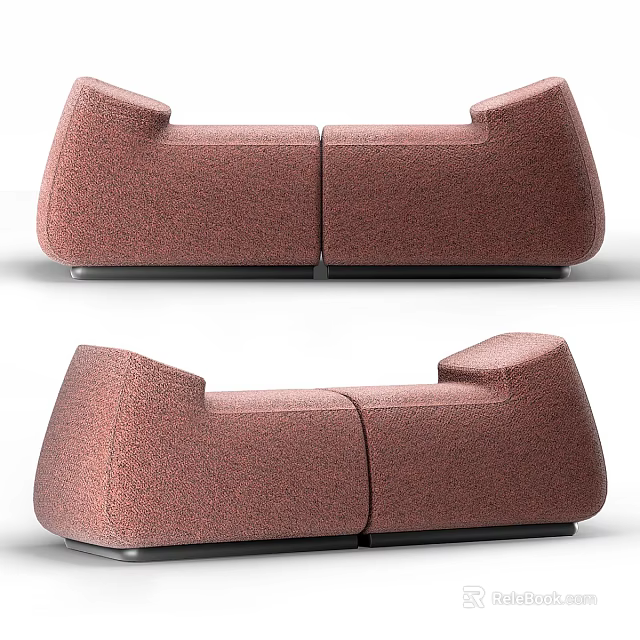 Pink Upholstered Bed Bench Double Section Design With Armrests Black Metal Legs For Bedroom 3d model 