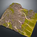 3D Terrain Model Featuring Mountain Valleys Winding Rivers Green Vegetation And Rocky Areas