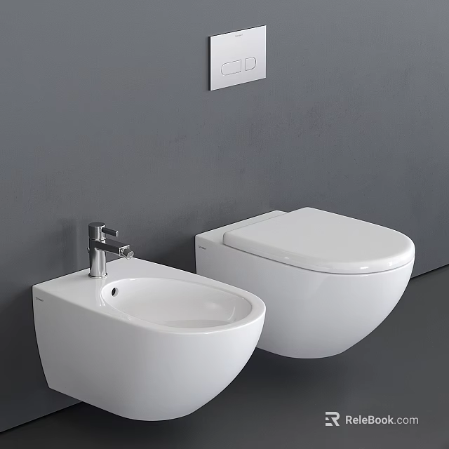 Modern Wall Mounted White Toilet With Matching Bidet Against Gray Wall In Contemporary Bathroom 3d model 