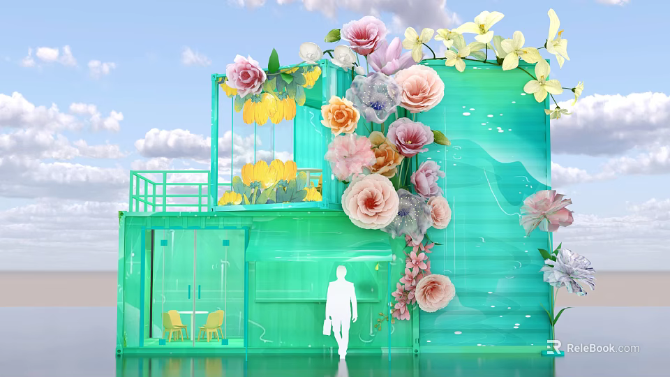 Green Transparent Glass Building With Colorful Floral Decorations Silhouette And Seating Area 3d model 