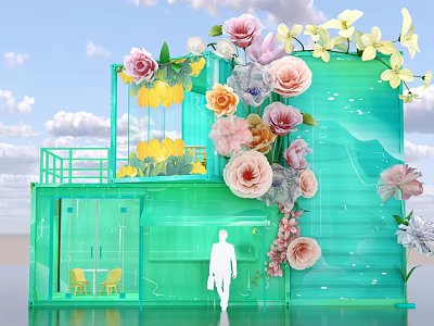 Green Transparent Glass Building With Colorful Floral Decorations Silhouette And Seating Area 3d model