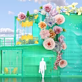 Green Transparent Glass Building With Colorful Floral Decorations Silhouette And Seating Area