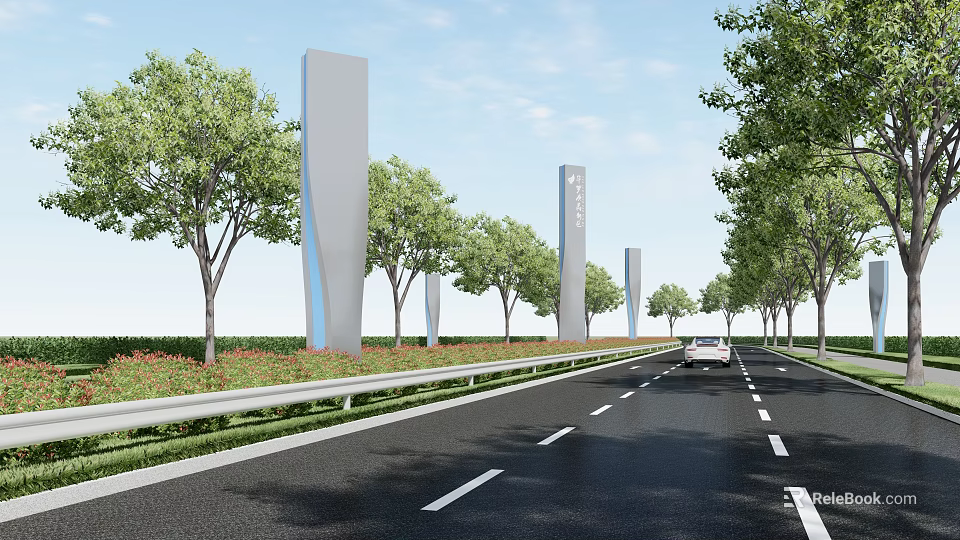 Modern Road Facilities With Tall Street Lamps Trees Guardrails And Green Plants Along Highway 3d model 