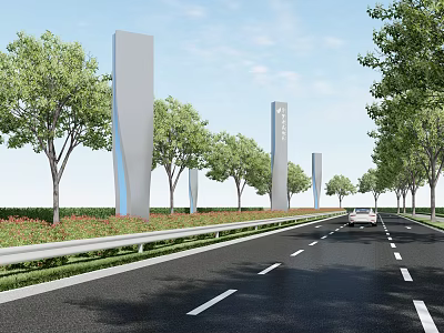 Modern Road Facilities With Tall Street Lamps Trees Guardrails And Green Plants Along Highway 3d model
