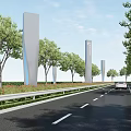 Modern Road Facilities With Tall Street Lamps Trees Guardrails And Green Plants Along Highway