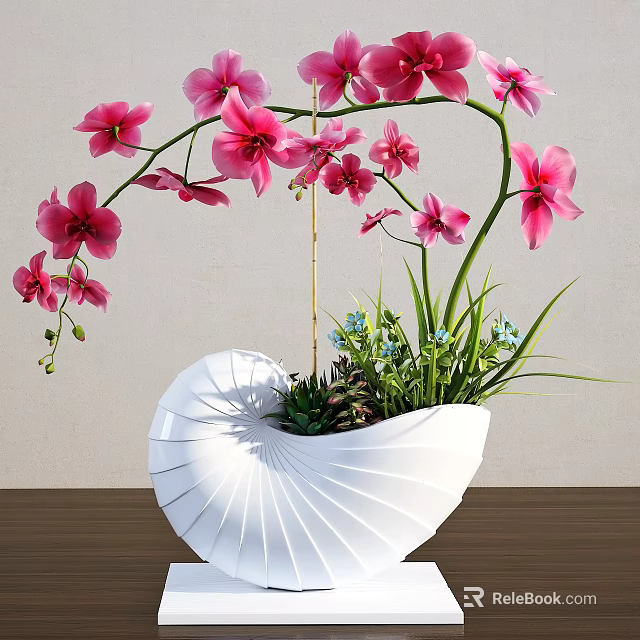 White Shell Shaped Vase With Pink Orchids Green Plants And Blue Flowers On Wooden Table 3d model 