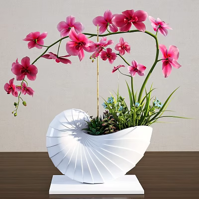 White Shell Shaped Vase With Pink Orchids Green Plants And Blue Flowers On Wooden Table 3d model