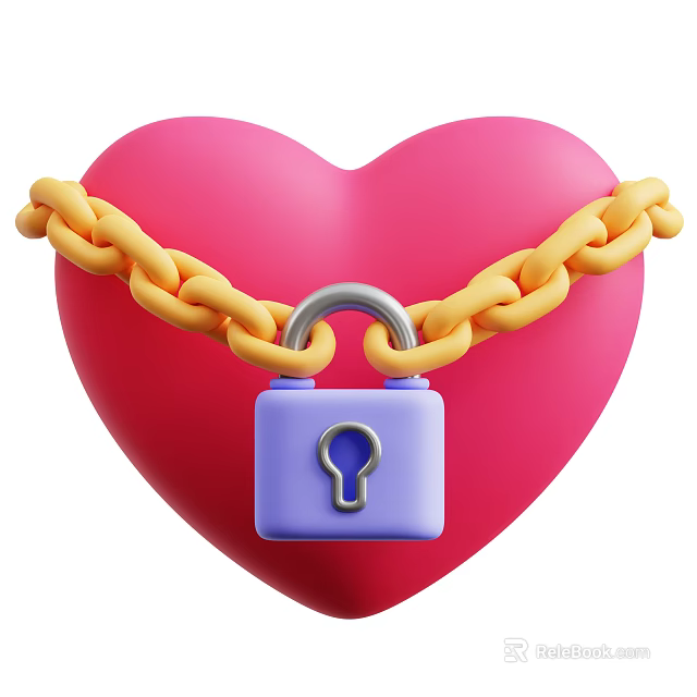 Decorative Ornament Set with Pink Heart Yellow Chain and Purple Padlock 3d model 