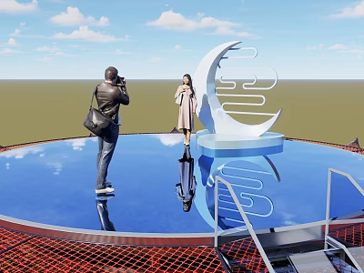 Scenic Observation Deck With Blue Reflective Surface People Taking Photos And Moon Cloud Sculpture 3d model