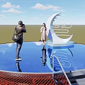 Scenic Observation Deck With Blue Reflective Surface People Taking Photos And Moon Cloud Sculpture