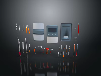 Various Weapons Collection with Knives Tools and Pliers Arranged on Black Reflective Background 3d model