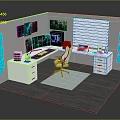 Modern Office Desk With Dual Monitors Ergonomic Chair Drawers Decorative Art And Blue Lighting