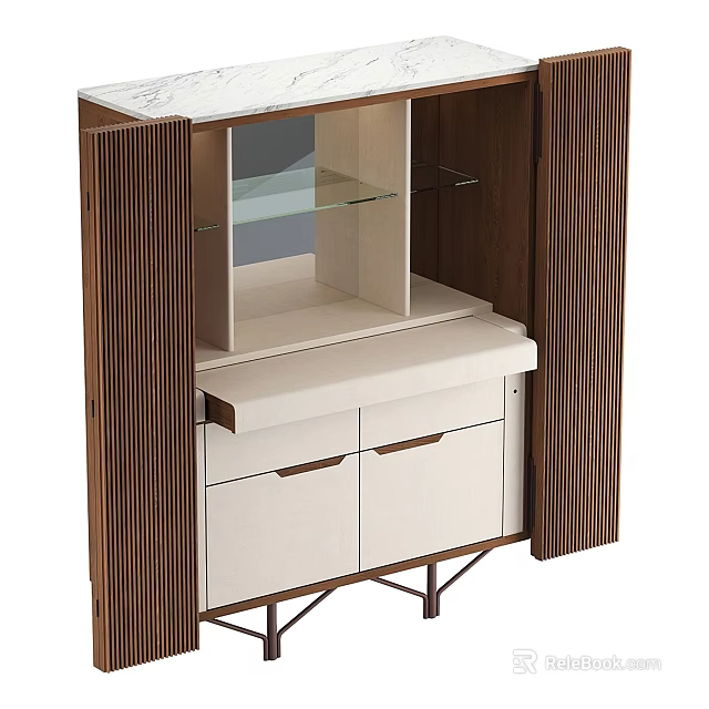 Modern Decorative Cabinet With Wooden Panels White Drawers And Glass Shelves 3d model 