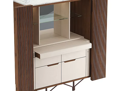 Modern Decorative Cabinet With Wooden Panels White Drawers And Glass Shelves 3d model