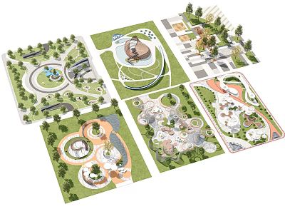 Park Landscape Design Layout Featuring Circular Elements Water Features Greenery And Walkways 3d model