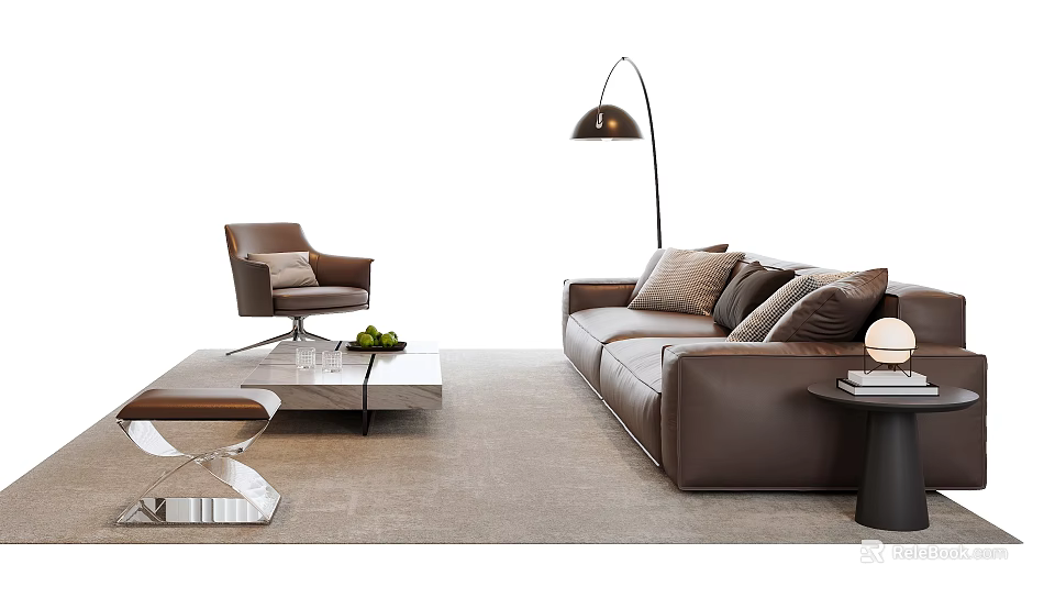 Modern Brown Sofa And Coffee Table Set With Armchair Floor Lamp Pillows And Rug 3d model 