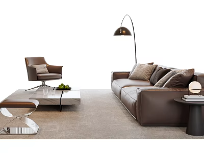 Modern Brown Sofa And Coffee Table Set With Armchair Floor Lamp Pillows And Rug 3d model