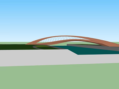 Modern Arched Landscape Bridge With Glass Structure Over Green Grass And Water Under Blue Sky 3d model