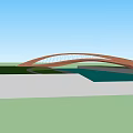 Modern Arched Landscape Bridge With Glass Structure Over Green Grass And Water Under Blue Sky