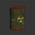 Green Cylindrical Container with Red Rimmed Edges and Yellow Circular Design Featuring Two Figures