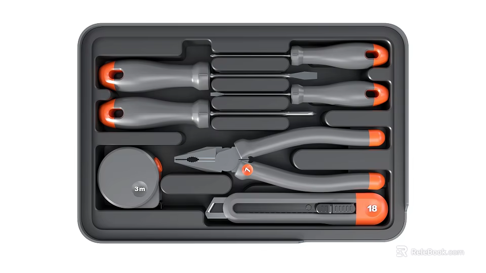Hardware Tool Set With Screwdrivers Pliers Tape Measure In Gray Orange Toolbox 3d model 